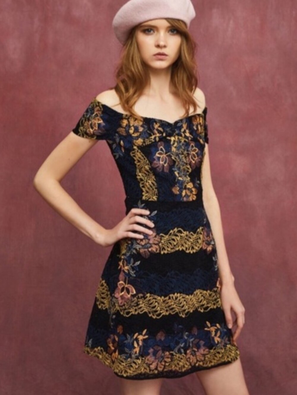 Foxiedox Georgina Off The Shoulder Mini Dress Floral Embroidered Coquette 8